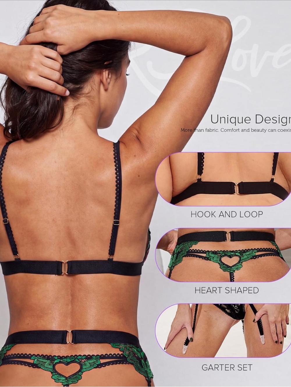 Love Green & Black Lace Bra, Thong & Garter Set - Picture 4 of 5